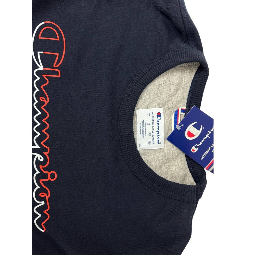 Champion Men's Large‎ Powerblend Crewneck Sweatshirt, Navy Blue, Red/White Logo - Picture 5 of 5